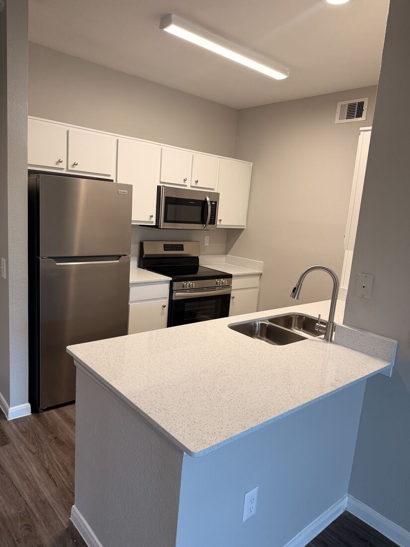 Apartment kitchen with a speckled quartz peninsula and double sink