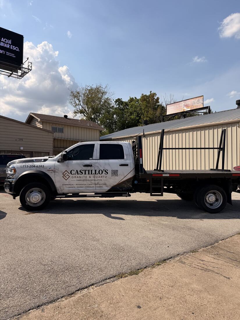 Castillo's Granite & Quartz flatbed truck loaded for delivery