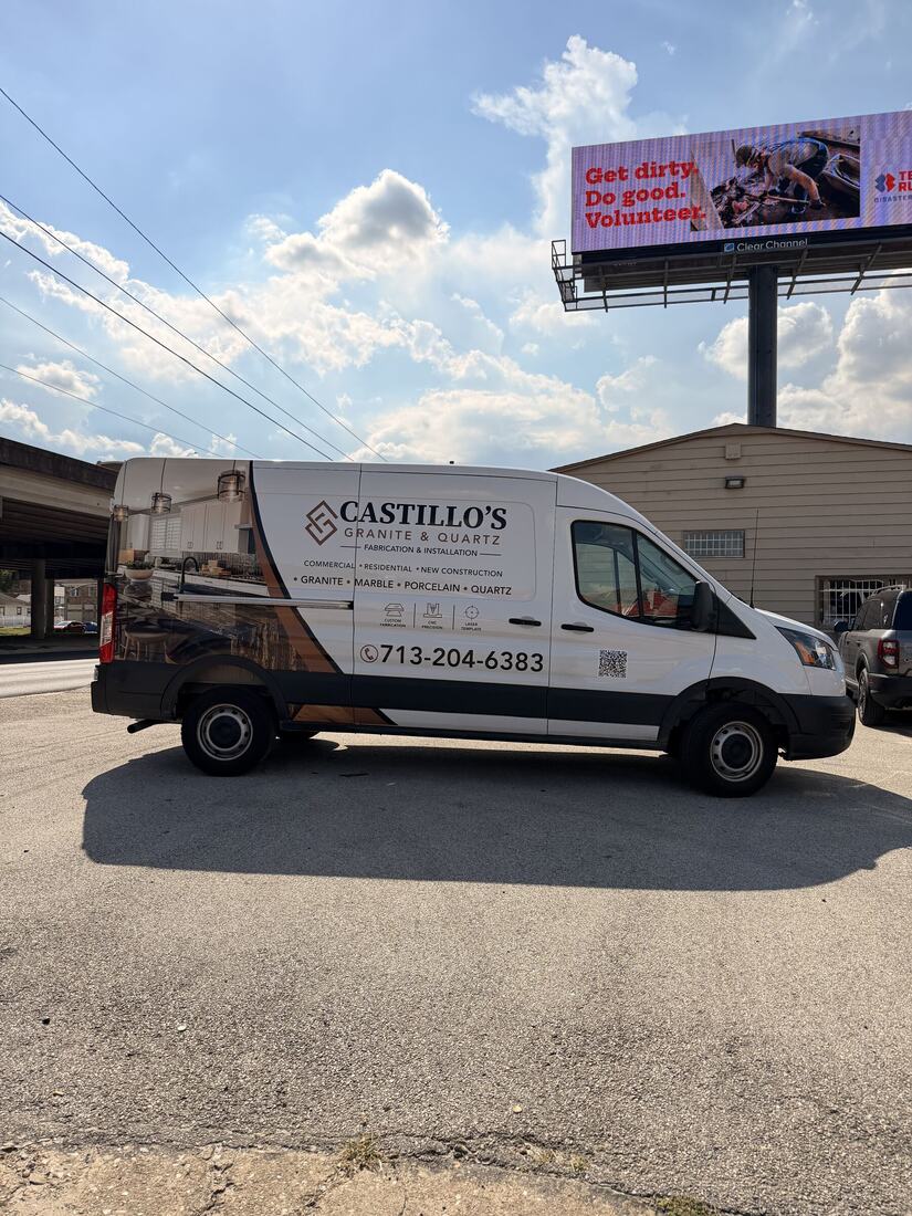 Castillo's Granite & Quartz service van with company branding and phone number